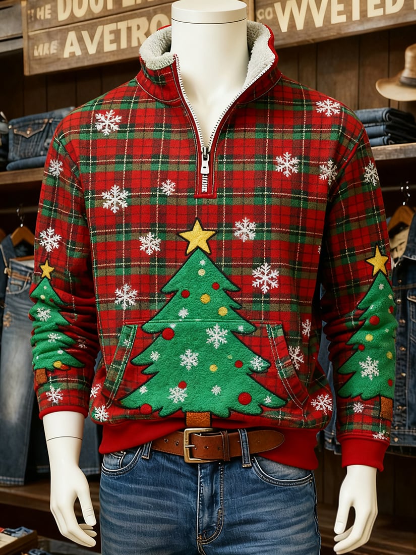 Men's Vintage Christmas Holiday Quarter Zip Fur Collar Sweatshirt