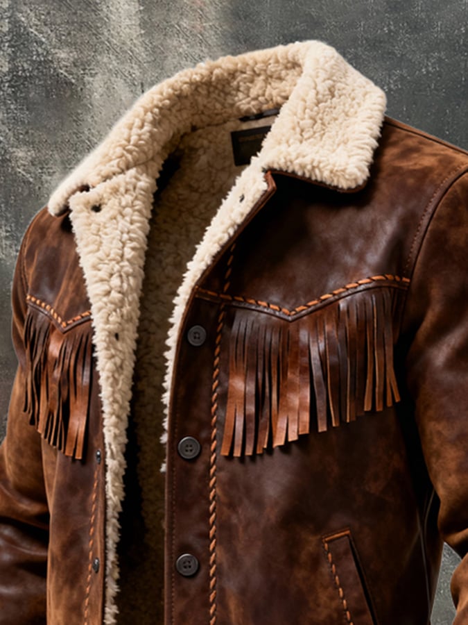 Men'S Vintage Distressed Stitching Tassel Design Fur Lapel Jacket