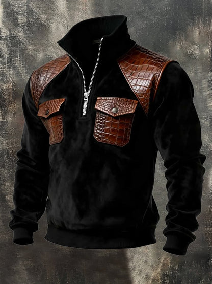 Men's Retro Stitching Contrast Color Half Zip Long Sleeve Sweatshirt