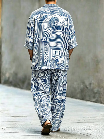 Men's Vintage Abstract Art Printed Cotton Shirt Set (Top & Pants)