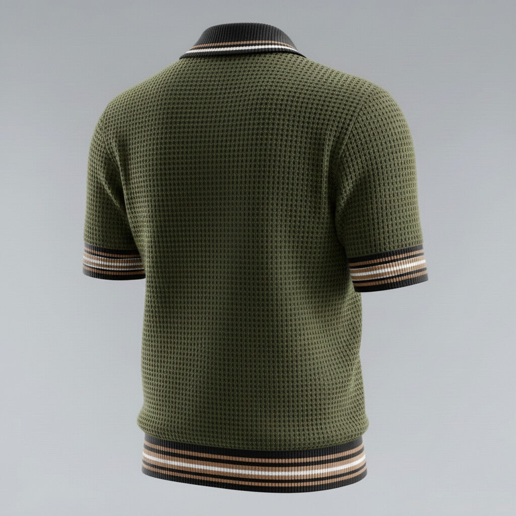 Men's Olive Green Waffle Texture Contrast Striped Trim Polo Shirt