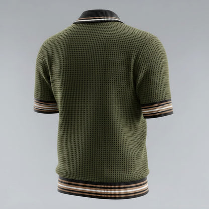 Men's Olive Green Waffle Texture Contrast Striped Trim Polo Shirt