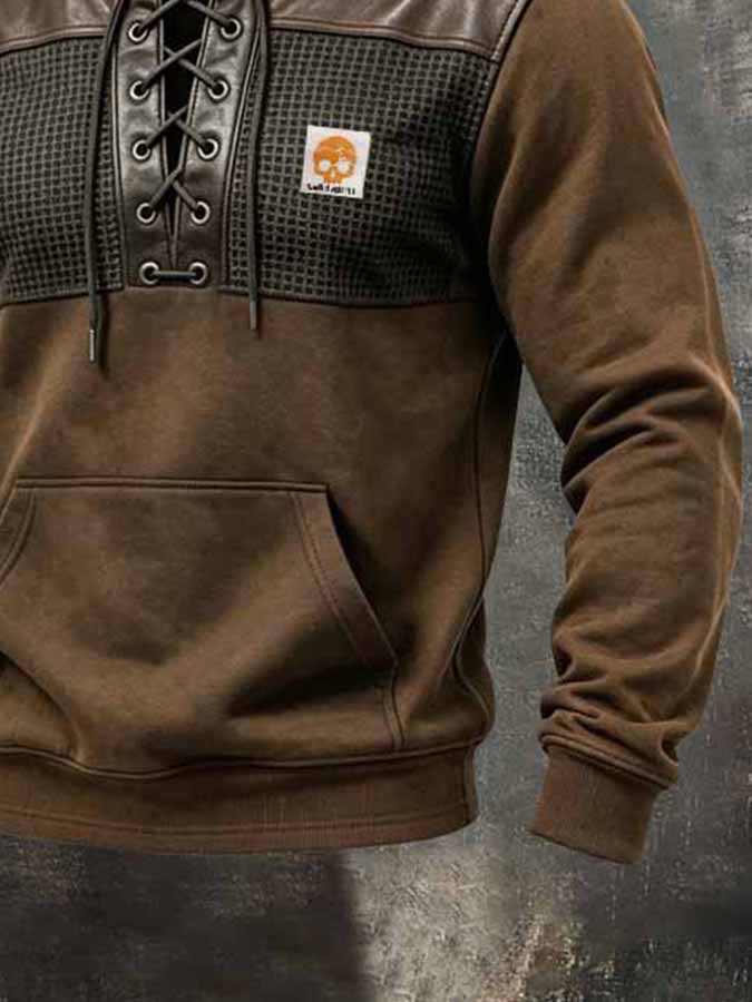 Men's Retro Paneled Leather-Detail Lace-Up Sweatshirt