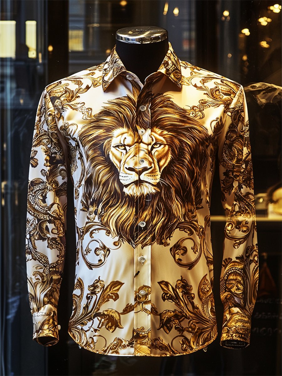 Men's Satin Luxe Lion Long Sleeve Button Down Shirt