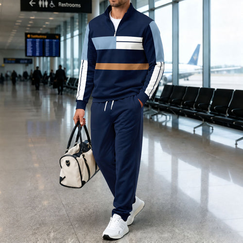 Men's Geometric Print Stand-Up Collar Long-Sleeve Shirt and Pants Set