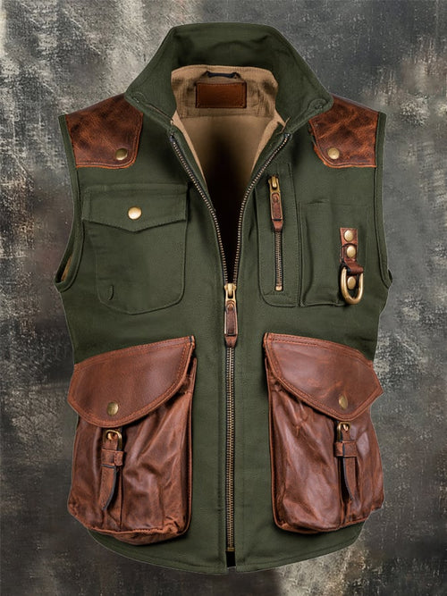 Men's Vintage-Wash Leather Panel Vest