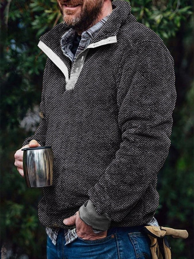 Men's Flannel Vintage Herringbone Button Pullover Sweatshirt
