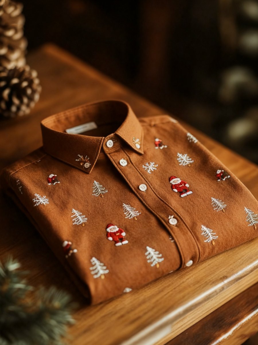 Men's Business Luxury Christmas Evergreen Pine and Santa Claus Print Long Sleeve Shirt