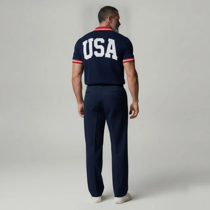 Men's Navy Blue Contrast Trim Turndown Collar Back Letter Pattern Polo Shirt