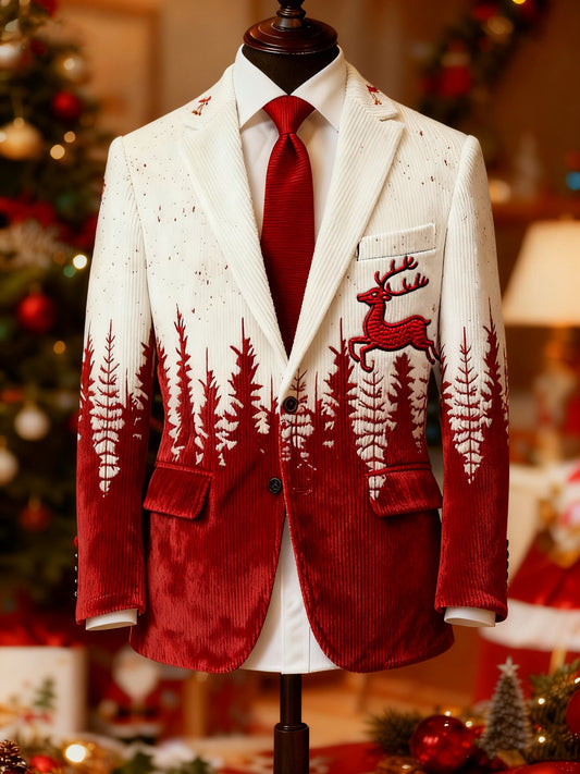 Men's Corduroy Christmas Men's Trees Deer Santa Collar Suit Jacket
