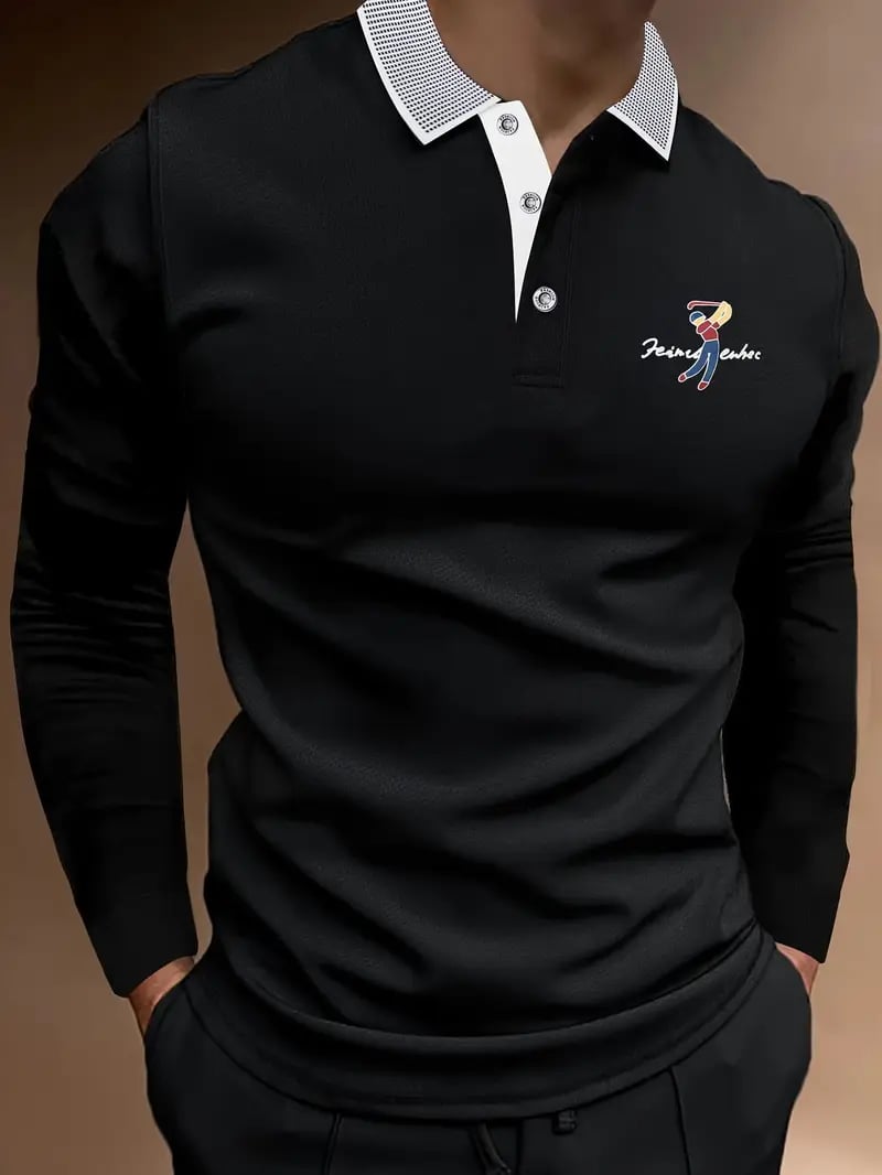 Men's Retro Business Print Long Sleeve Polo Shirt