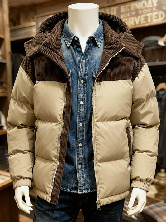 Men's Warm Corduroy Stitching Contrast Color Cotton Jacket (Removable Hood)