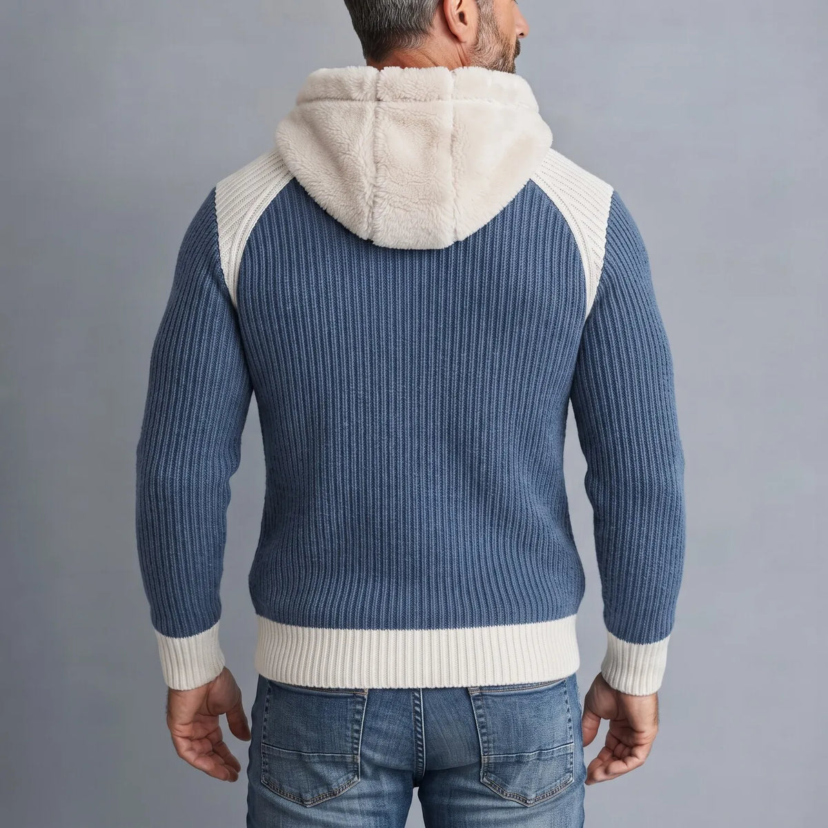 Men's Stylish Color Block Fluffy Hooded Ribbed Knit Pullover Sweater