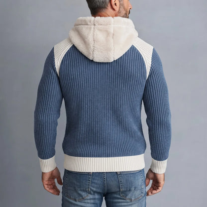 Men's Stylish Color Block Fluffy Hooded Ribbed Knit Pullover Sweater