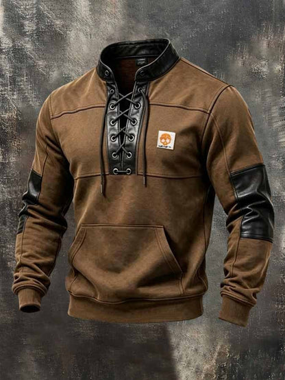 Men's Retro Paneled Leather-Detail Lace-Up Sweatshirt