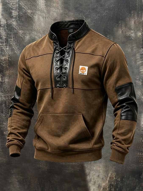 Men's Retro Paneled Leather-Detail Lace-Up Sweatshirt