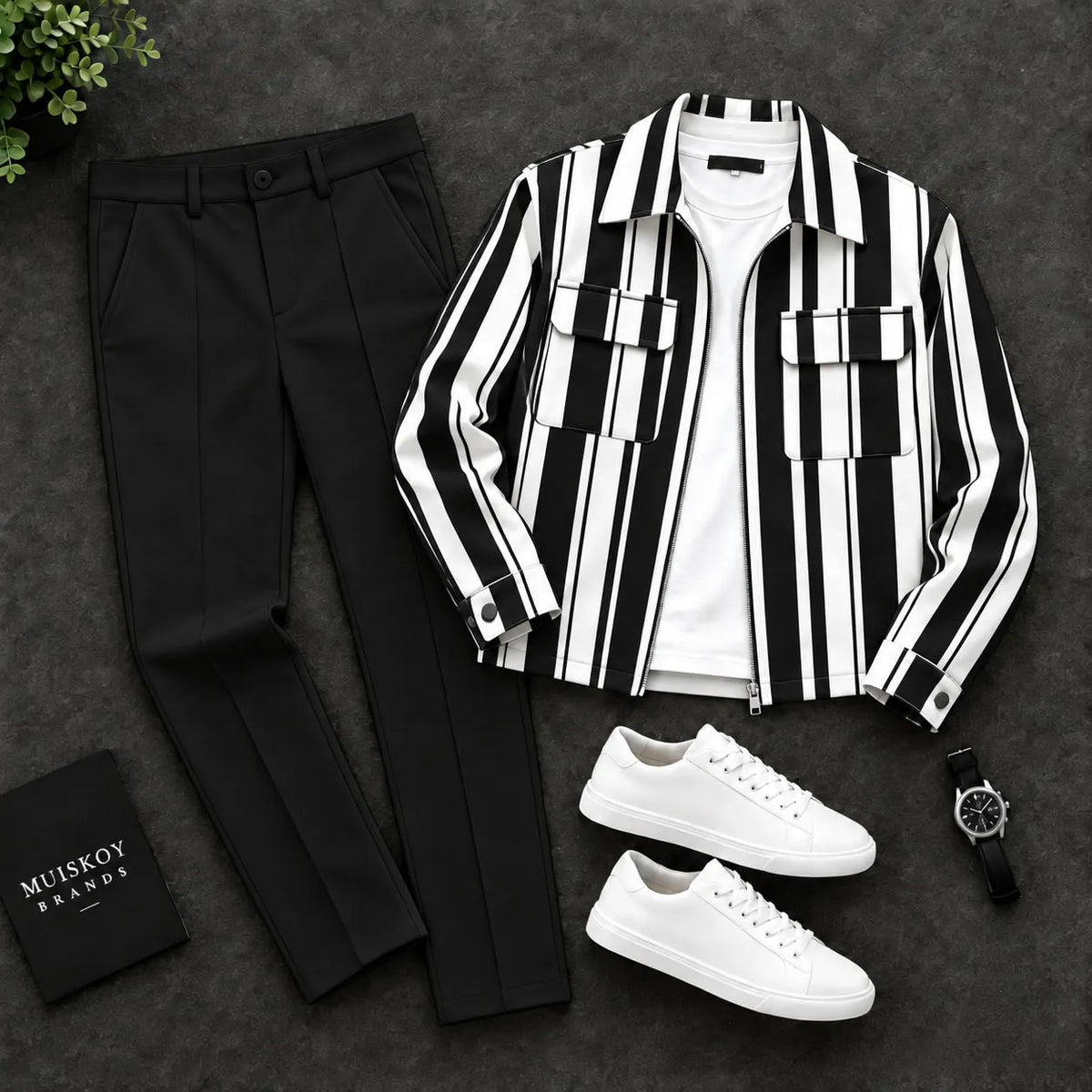 Men's Striped Print Zipper Cardigan and Pants Two-Piece Set