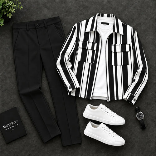 Men's Striped Print Zipper Cardigan and Pants Two-Piece Set