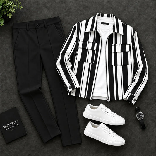 Men's Striped Print Zipper Cardigan and Pants Two-Piece Set