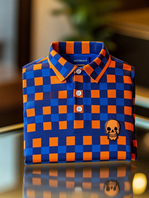 Men's Classic Business Check Logo Button Short Sleeve Polo Shirt