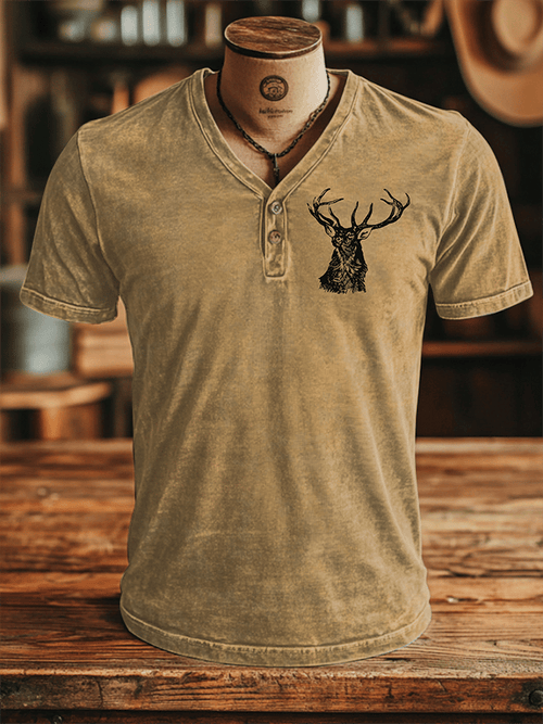 Men's Vintage Elk Print V-Neck Button Casual T-Shirt