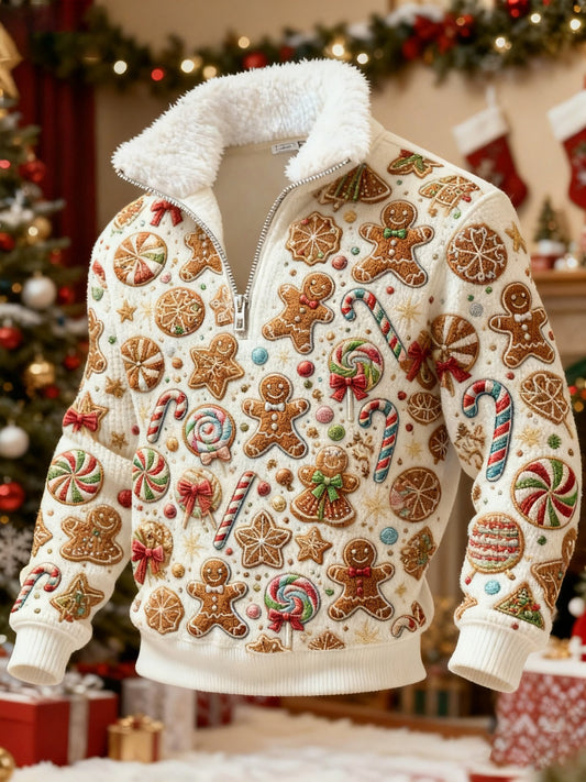 Men's Retro Print Christmas Fur Collar Sweatshirt