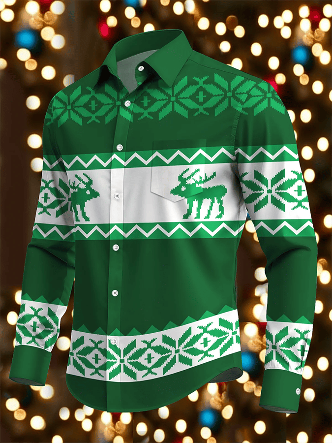 Men's Luxury Christmas Contrast Color Print Long Sleeve Shirt