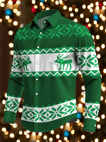 Men's Luxury Christmas Contrast Color Print Long Sleeve Shirt