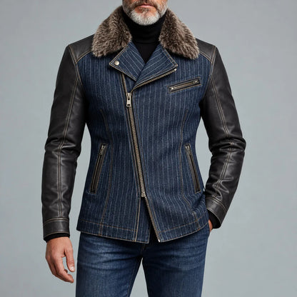 Men's Navy Blue Denim Pinstripe Print Fuzzy Collar PU Leather Long Sleeve Asymmetric Zipper Jacket