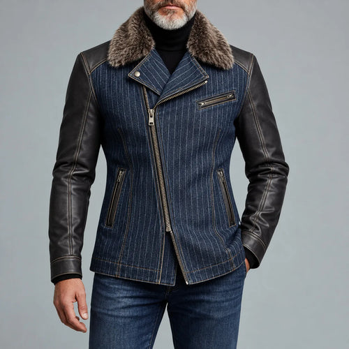 Men's Navy Blue Denim Pinstripe Print Fuzzy Collar PU Leather Long Sleeve Asymmetric Zipper Jacket