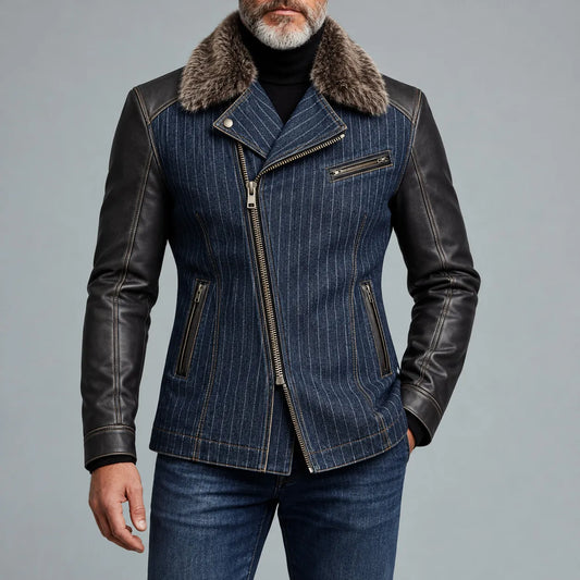 Men's Navy Blue Denim Pinstripe Print Fuzzy Collar PU Leather Long Sleeve Asymmetric Zipper Jacket