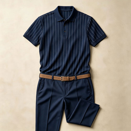 Men's Vertical-Striped Short-Sleeve Polo Shirt and Pants Two-Piece Set