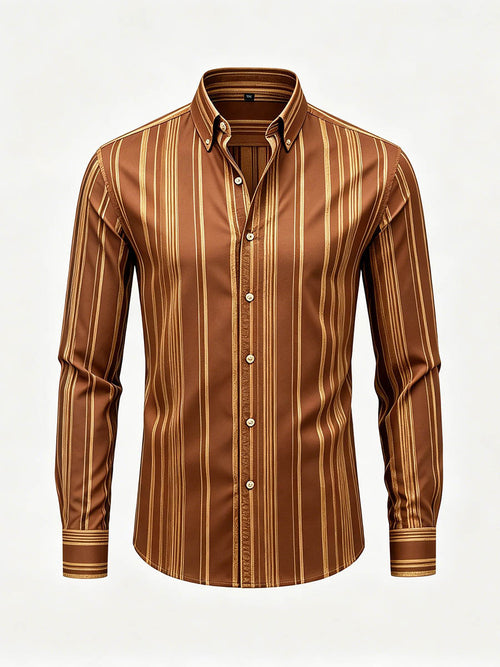 Men's Orange Brown & Gold Color Matching Striped Printed Long Sleeve Shirt