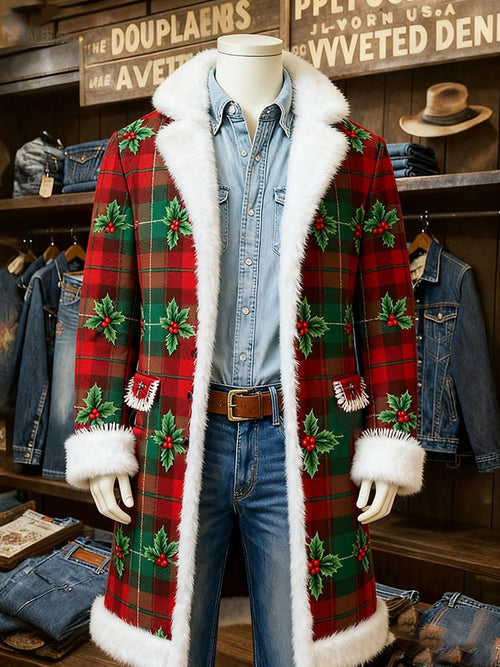 Men's casual Christmas plaid fur collar contrast color coat