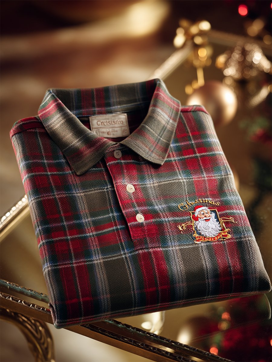 Men's Christmas Plaid Long Sleeve Polo Shirt