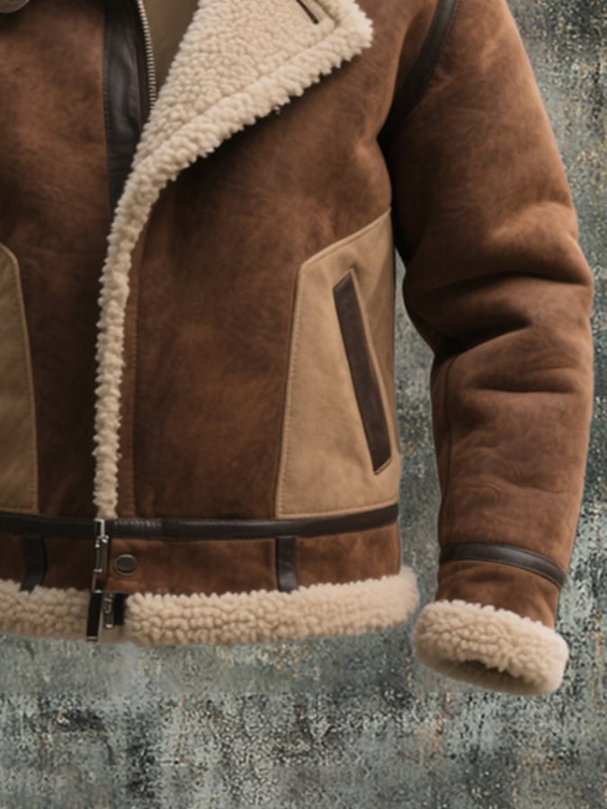 Men'S Vintage Suede Colorblock Lambswool Lapel Jacket