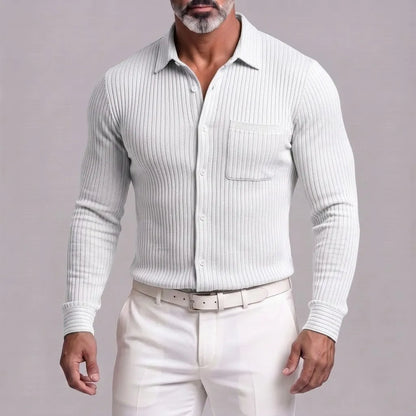 Men's Casual Ribbed Knit Single Breasted Chest Pocket Slim Fit Long Sleeve Shirt