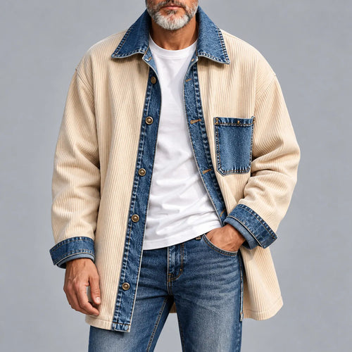 Men's Apricot Corduroy Denim Patchwork Chest Pocket Single Breasted Shirt Jacket