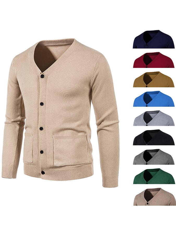 Men's Fashionable Pocket Button Design V-Neck Solid Color Sweater Jacket