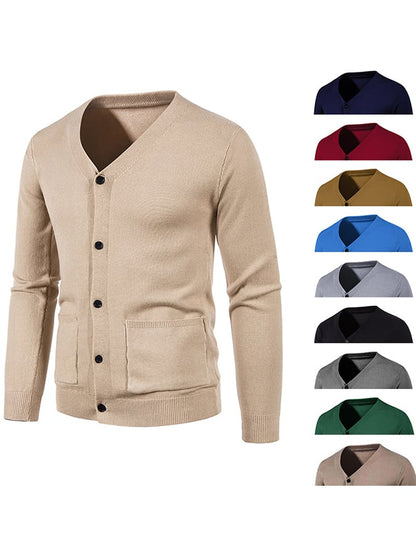 Men's Fashionable Pocket Button Design V-Neck Solid Color Sweater Jacket