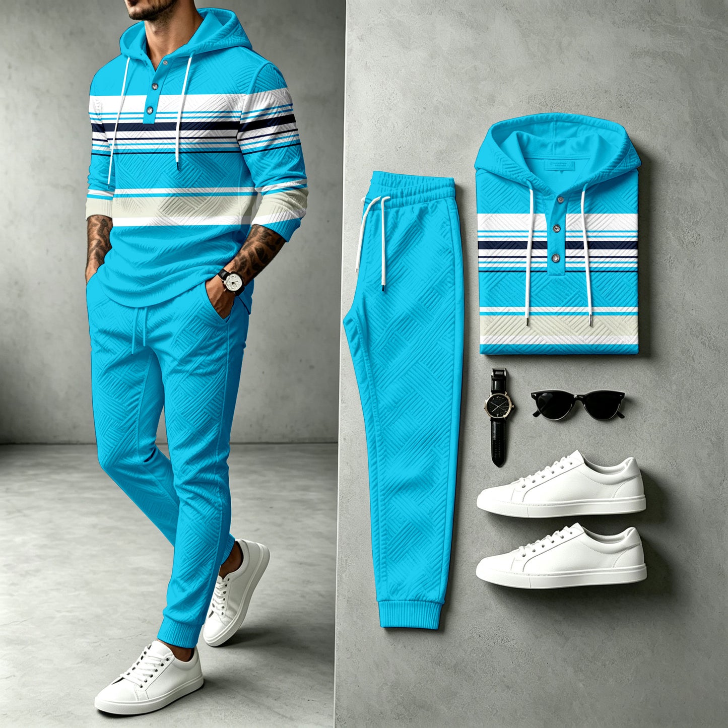 Men's Striped Patchwork Hooded Sweatshirt and Pants Set