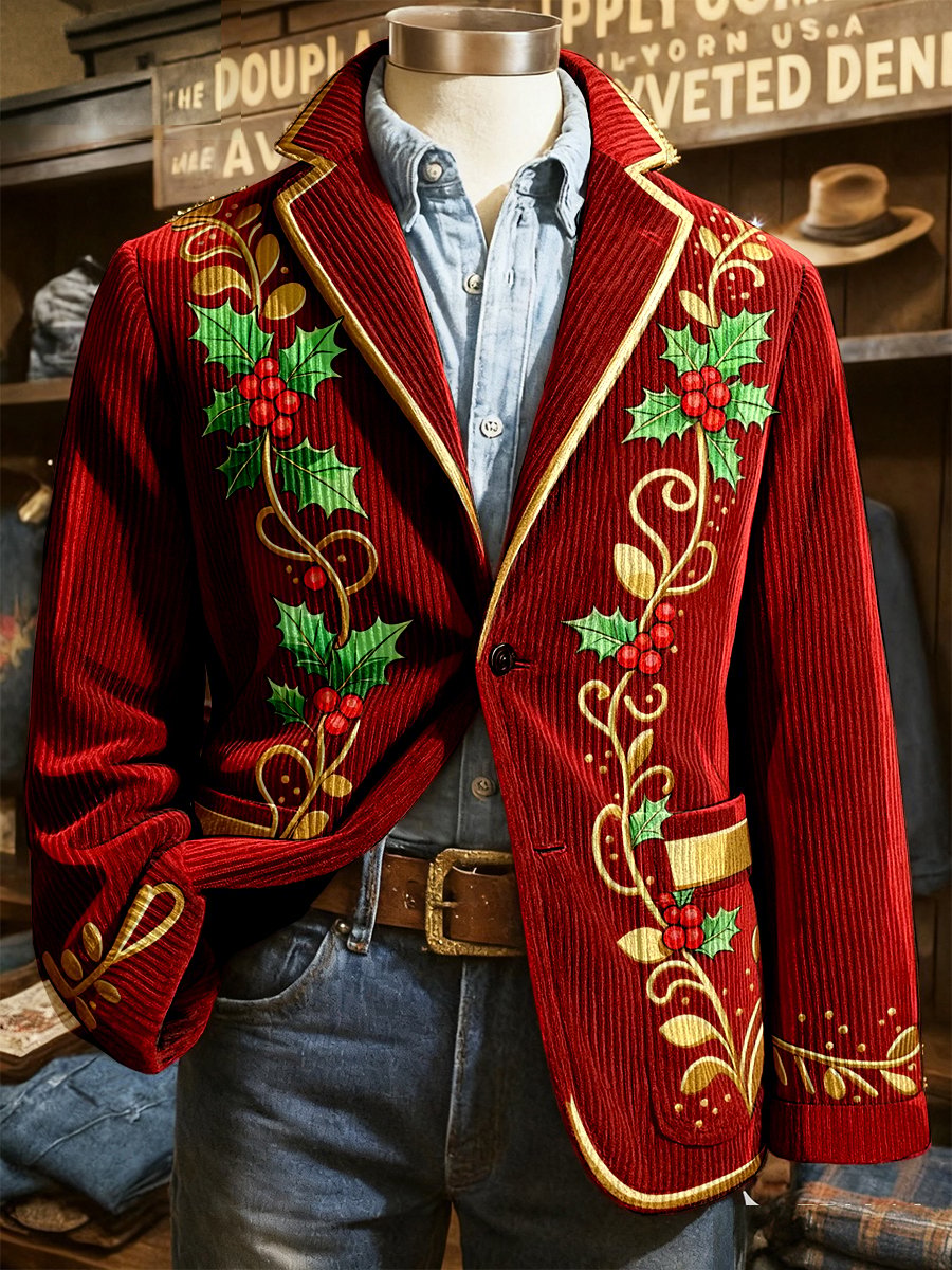 Men's Corduroy Christmas Holly Lapel Blazer