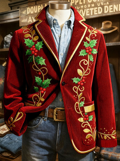 Men's Corduroy Christmas Holly Lapel Blazer