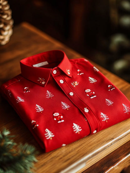 Men's Business Luxury Christmas Evergreen Pine and Santa Claus Print Long Sleeve Shirt