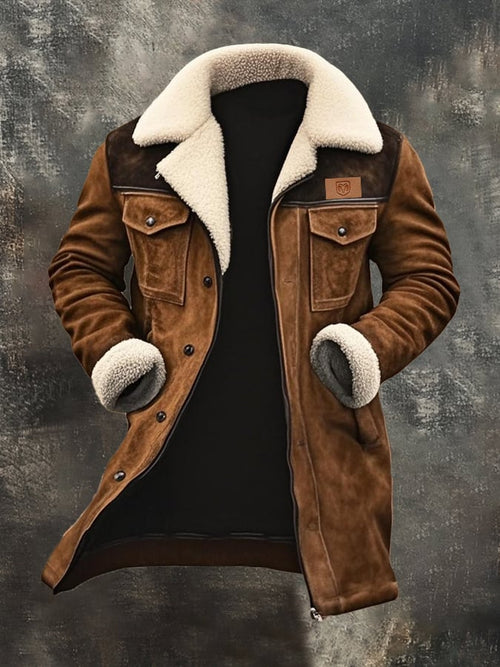 Men's Vintage Suede Patchwork Lamb Fleece Multi-Pocket Reverse Collar Outdoor Jacket Coat
