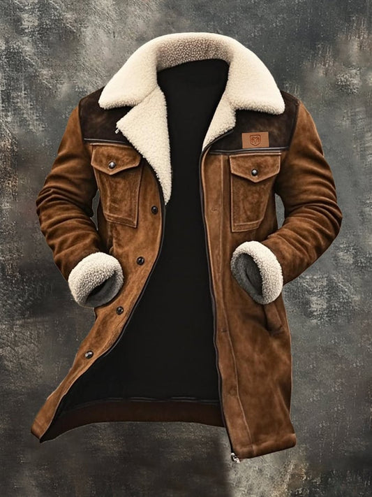 Men's Vintage Suede Patchwork Lamb Fleece Multi-Pocket Reverse Collar Outdoor Jacket Coat