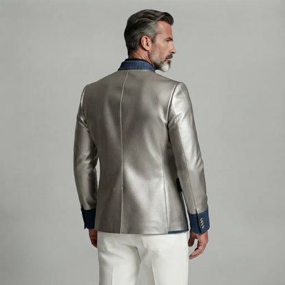 Men's Vintage Silver Mandarin Collar Single Breasted Denim Trim Slim Fit PU Leather Jacket