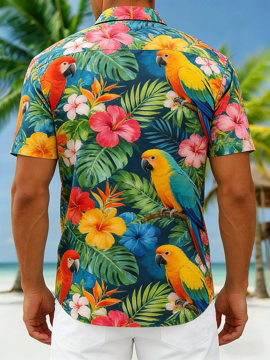 Men's Hawaiian Parrot Floral Short-Sleeve Vacation Shirt