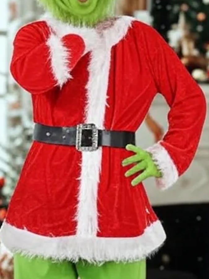 Men'S Warm Plush Patchwork Contrast Color Christmas Suit