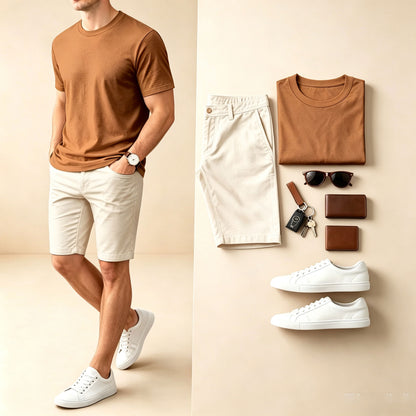 Men's Casual Checkered Print Round-Neck Short-Sleeve T-Shirt And Shorts Two-Piece Set